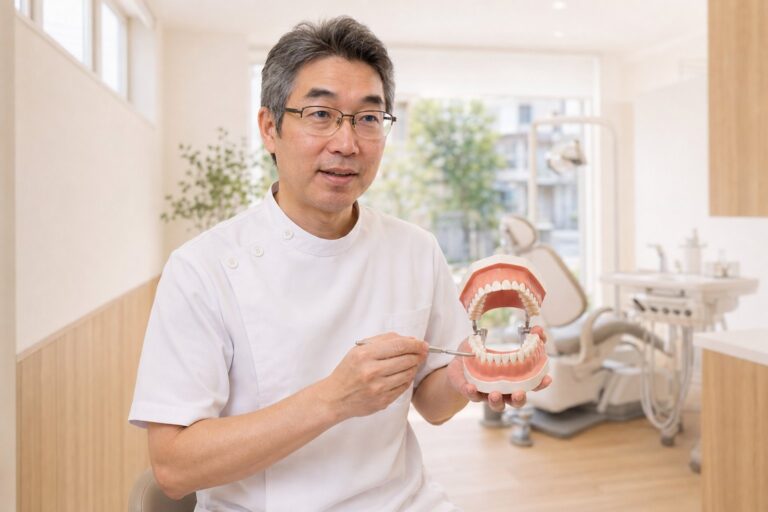 歯ならびの模型で説明する院長