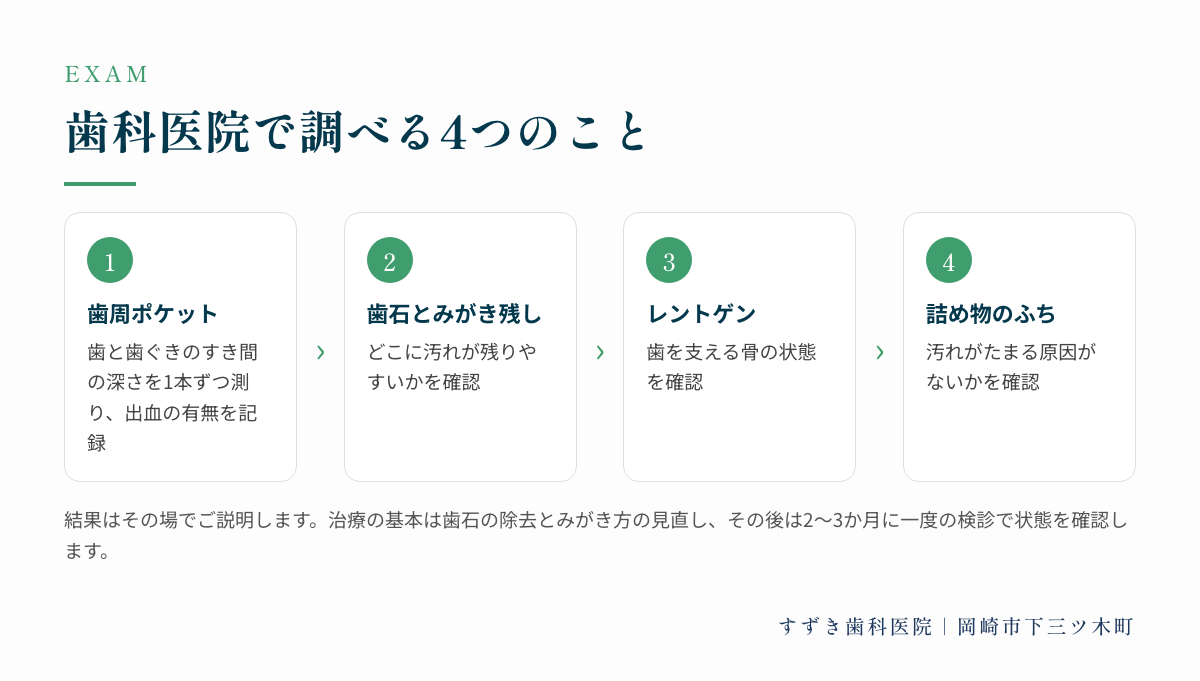 歯科医院で調べる4つのこと:歯周ポケット、歯石とみがき残し、レントゲン、詰め物のふち
