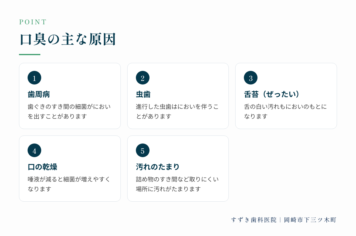 口臭の主な原因:歯周病、虫歯、舌苔(ぜったい)、口の乾燥、汚れのたまり